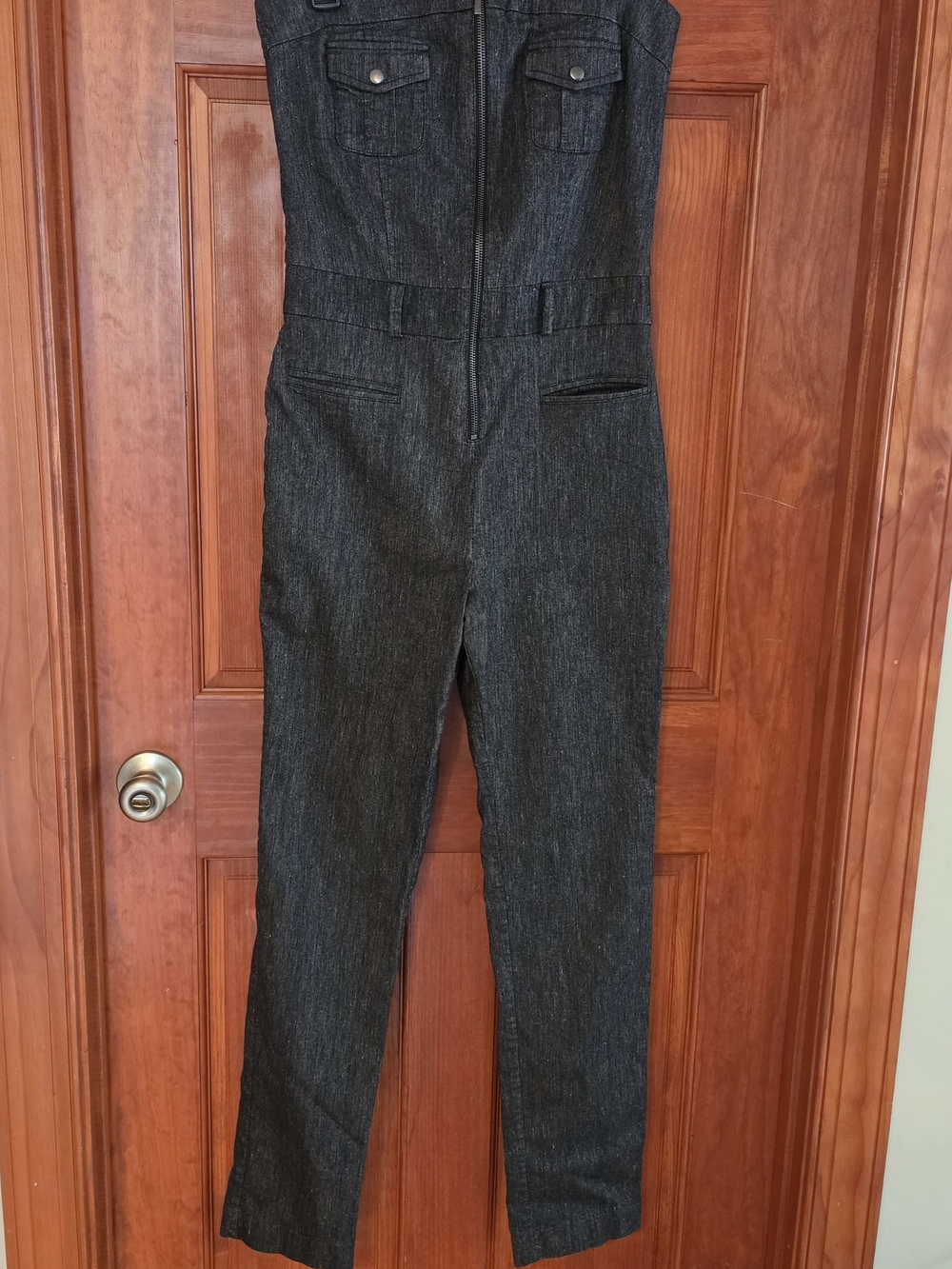 bebe Dark Gray Strapless Denim Jumpsuit
